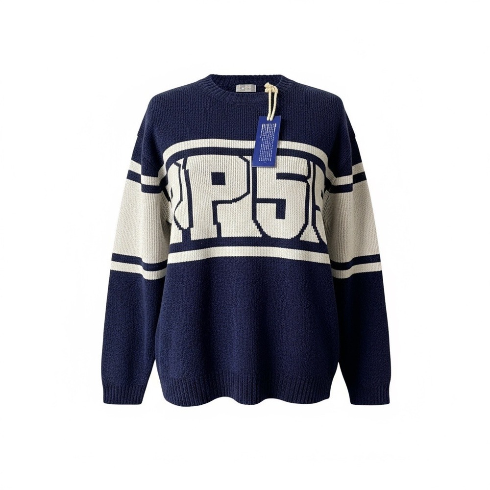 Vintage RP55 Reynolds & Perry Navy Blue Acrylic Varsity Jacquard Knit Sweater XL